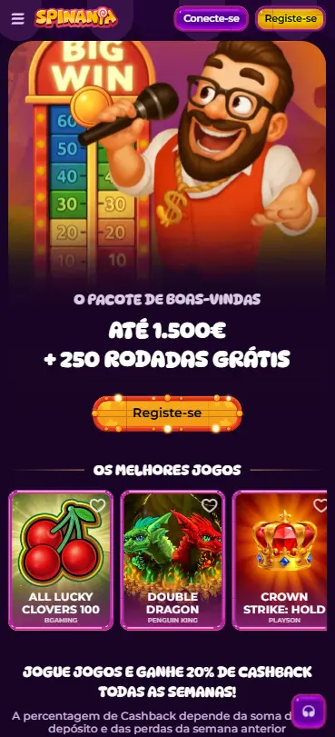 Mockup mobile do Spinania casino com cashback 25% semanal validado pela redação Fichas de Jogo durante 6 semanas consecutivas
