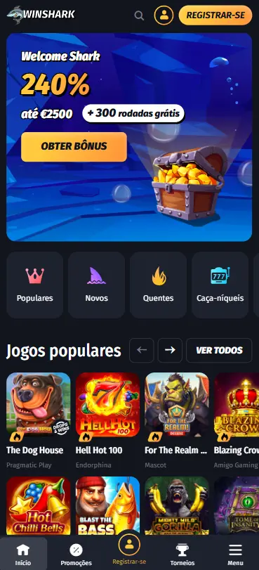 Mockup mobile do WinShark casino com licença Curaçao GCB 2024 reformada e 80 providers verificados incluindo Treasure Hunt mensal